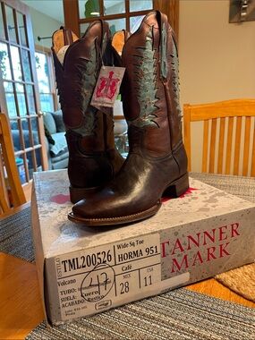 Tanner Mark Cafe Brown Leather Western Boots with Turquoise Stitch